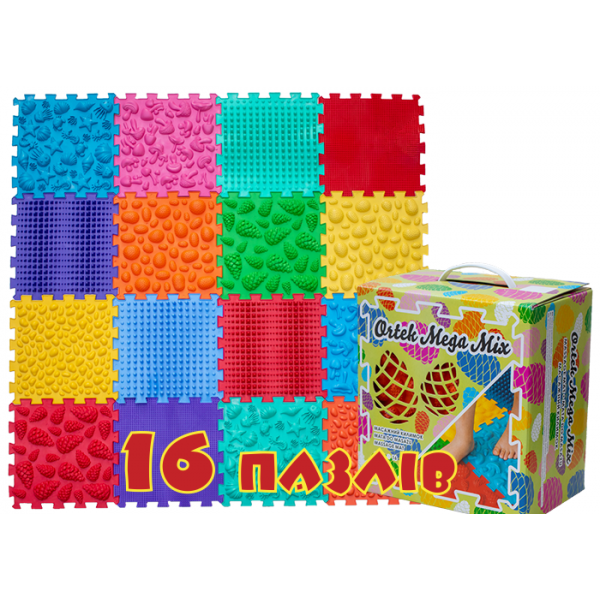 

Детский массажный ортопедический коврик для ног Пазлы Ортек Мега Микс 16 элементов