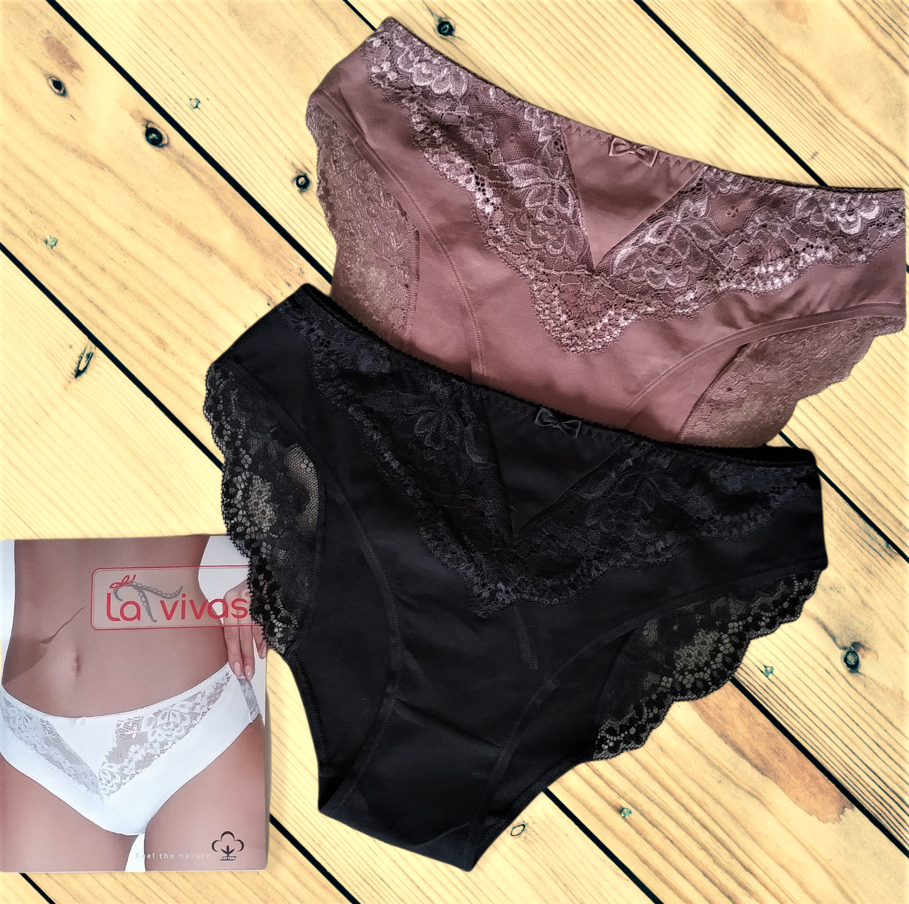

Трусики женские с кружевом La Vivas в упаковке 2шт черный+лиловый Размеры L XL 2XL