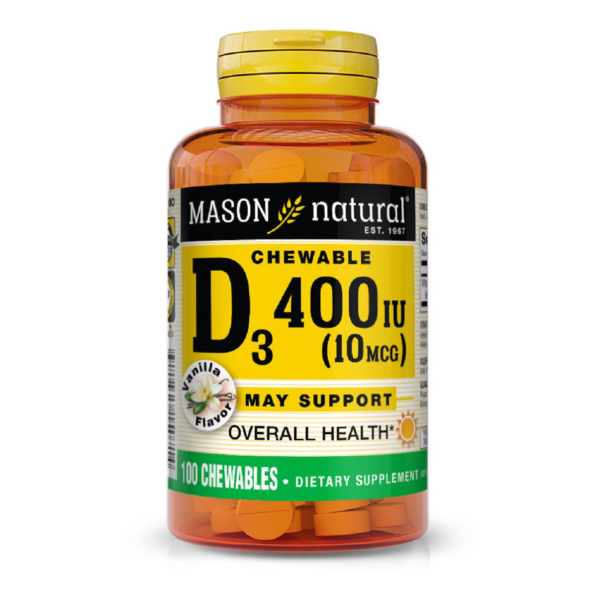 

Витамин D 400 ME, вкус ванили, Vitamin D, Mason Natural, 100 жевательных таблеток