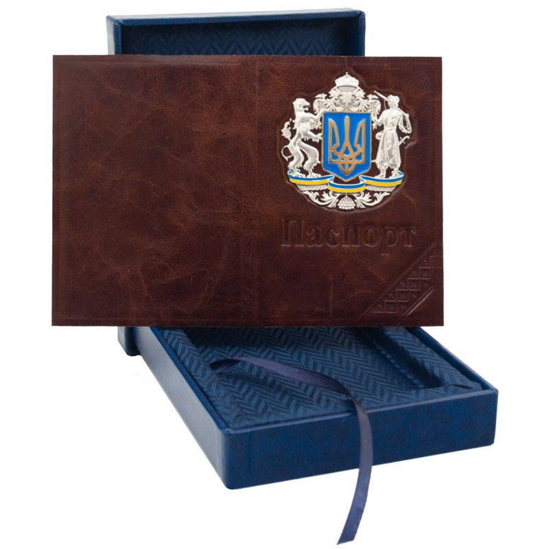 

Обложка на паспорт из натуральной кожи в подарочном футляре "Герб Украины", Коричневый