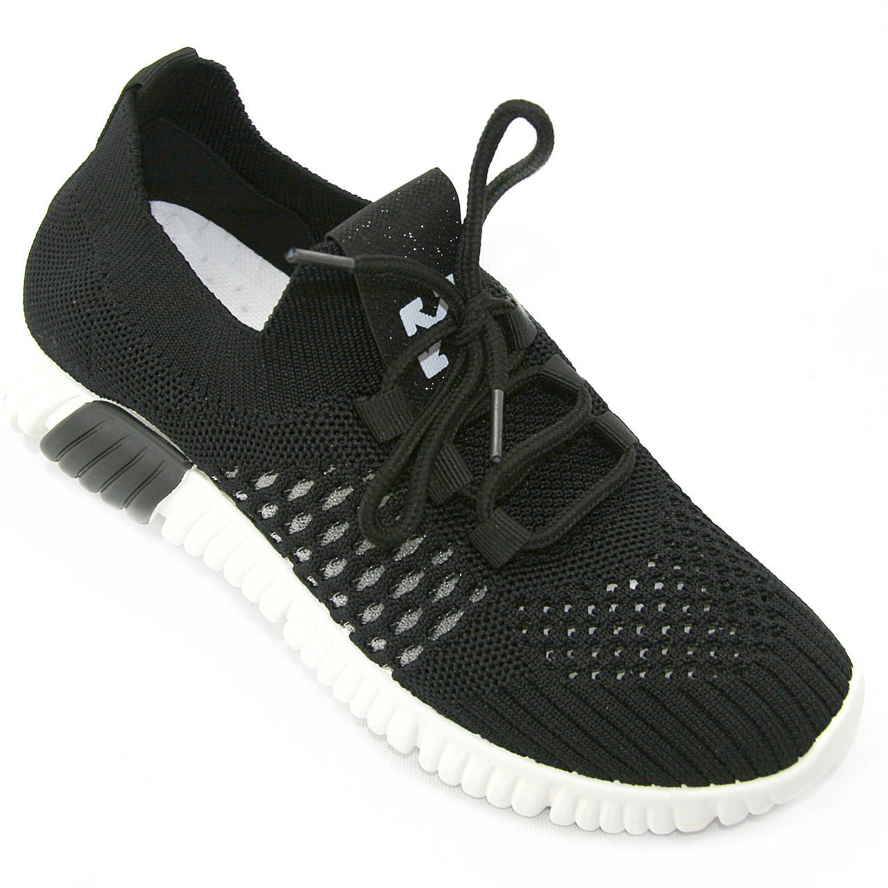 

Мокасины женские черные на белой подошве со шнурками тканевые с сеточкой, Черный