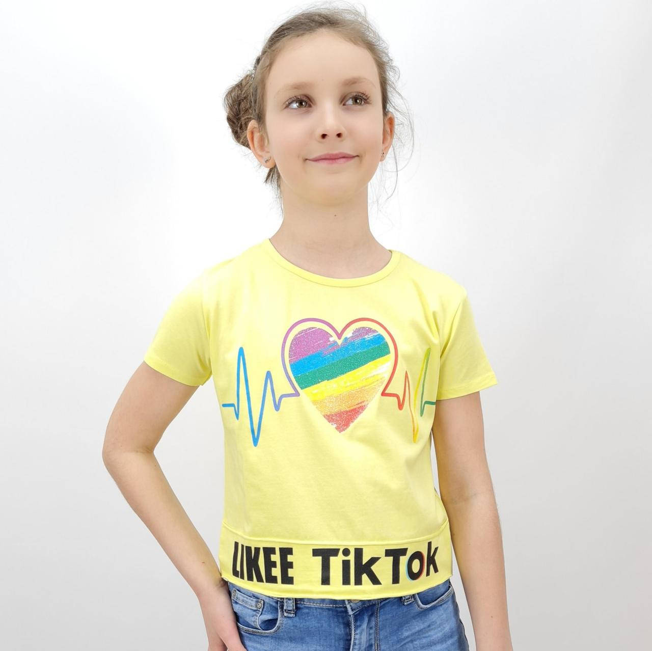 

980-12жел Желтая футболка топ для девочки Likee Tik Tok тм Miss Feriha размер 140,146 см, Желтый