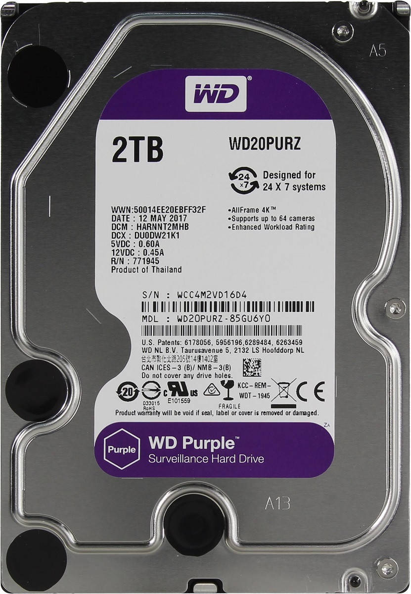 

Жесткий диск 3.5" 2TB Western Digital Purple 5400rpm 64MB SATAIII (WD20PURZ)