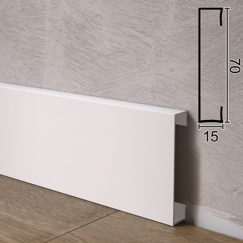 

Белый алюминиевый плинтус для пола Sintezal P-870, 70х15х2500мм.