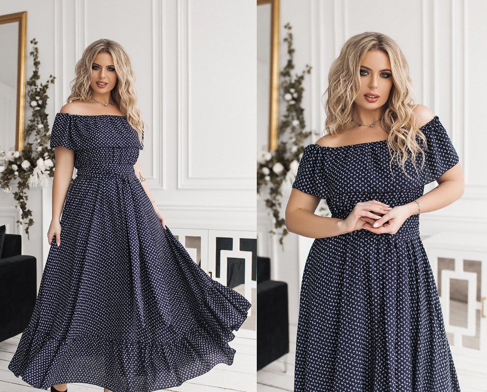 

Летнее платье в пол из креп - шифона, открытые плечи, рюши на груди и внизу платья 48 - 52, темно - синий в цветочек