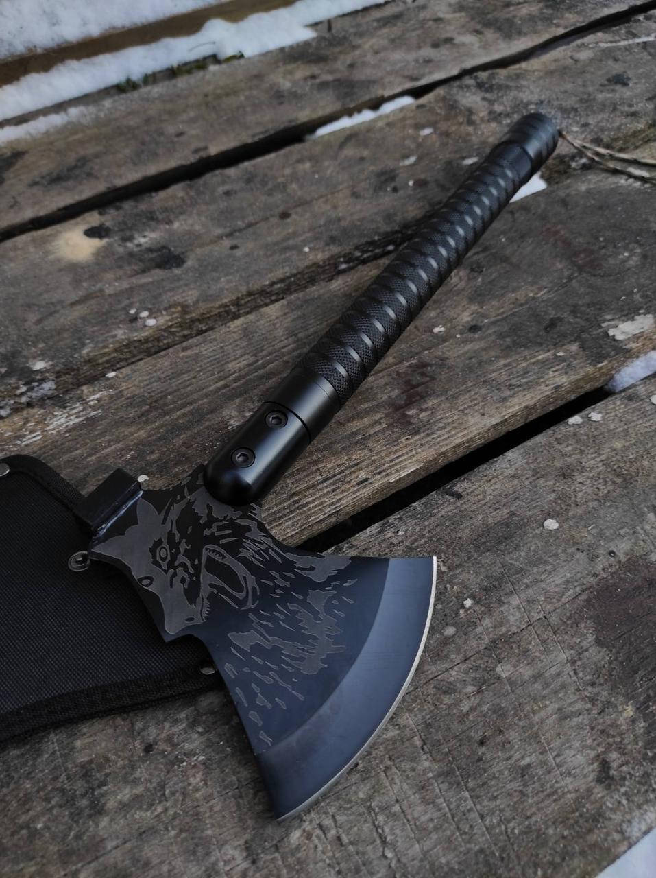 

Топор тактический Wolf туристический с ножом огнивом и свистком топорик походной, Черный