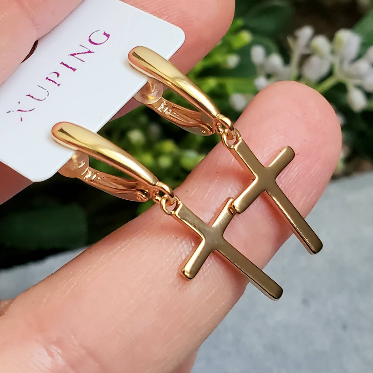 

Серьги крестики Xuping длина 3.2см медицинское золото позолота 18К с1213