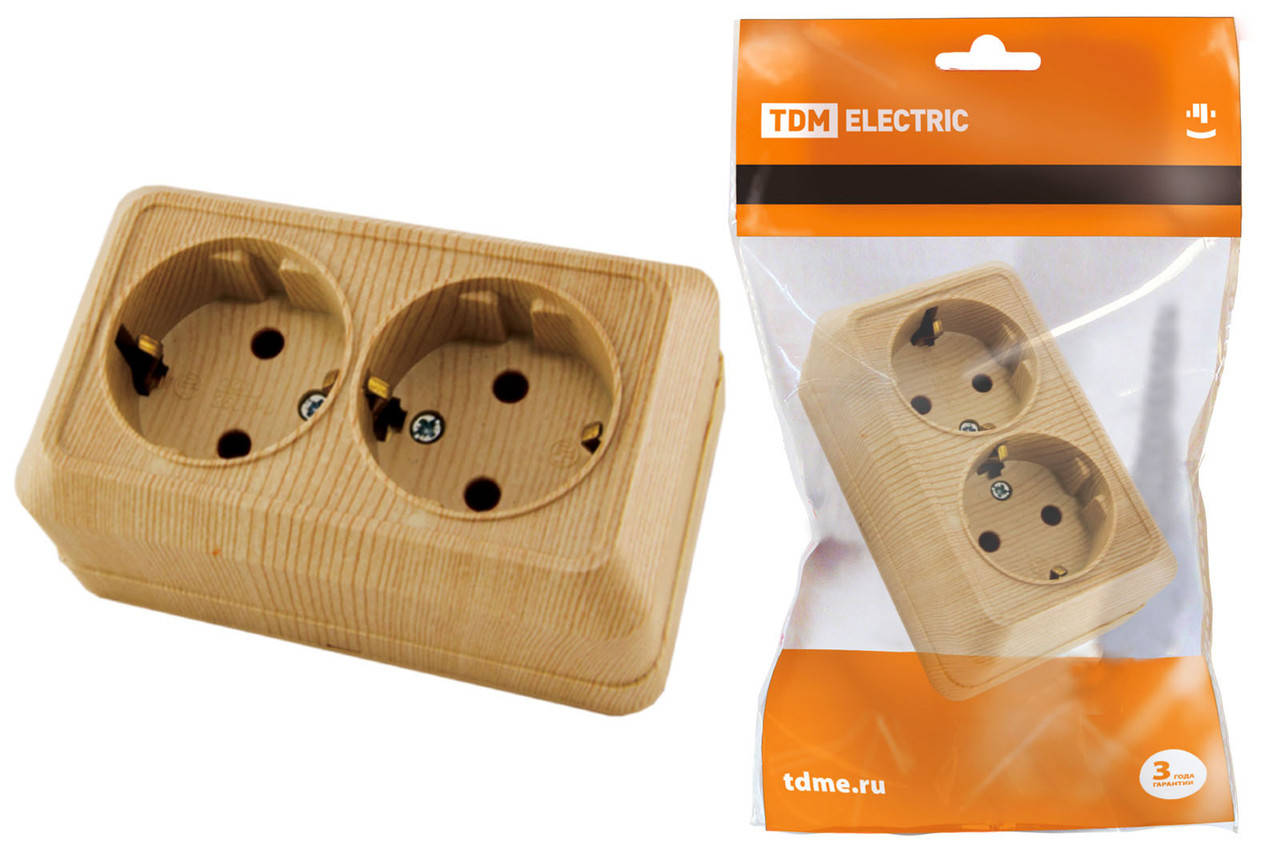 

Розетка двойная 2П+3 открытой установки IP20 16А 250В (керамика) сосна "Ладога" TDM