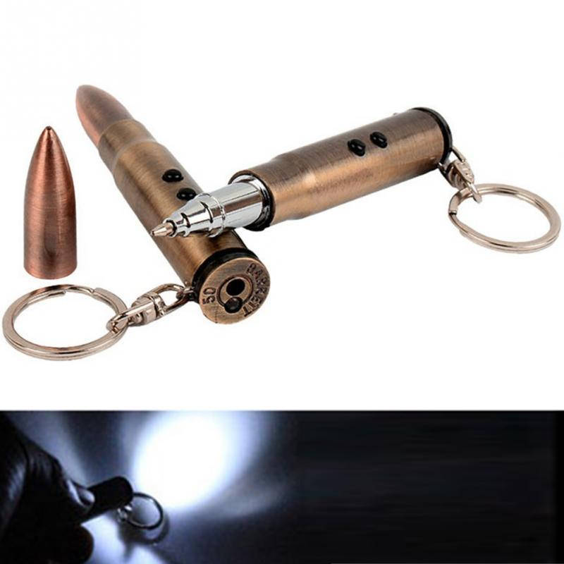 

Металлический брелок для мужчины в форме патрона с ручкой, фонариком и лазером!