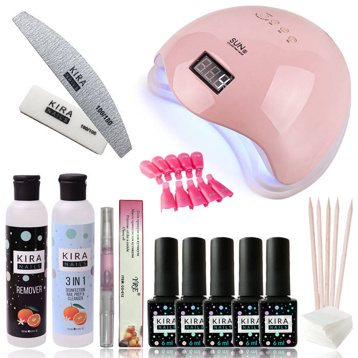 

Стартовый набор Kira Nails "PROFI Sun 5" + лампа для маникюра Sun 5 48W Pink