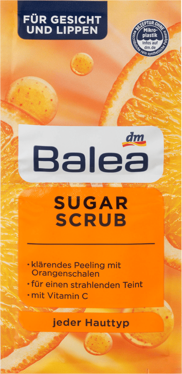

Осветляющий пилинг для лица и губ Balea Sugar Scrub mit Vitamin C, 2st. х 8 ml.
