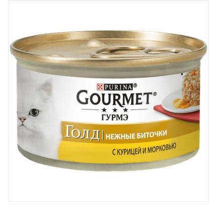 

Влажный корм Purina Gourmet Gold Нежные биточки для кошек, с курицей и морковью, 85 г