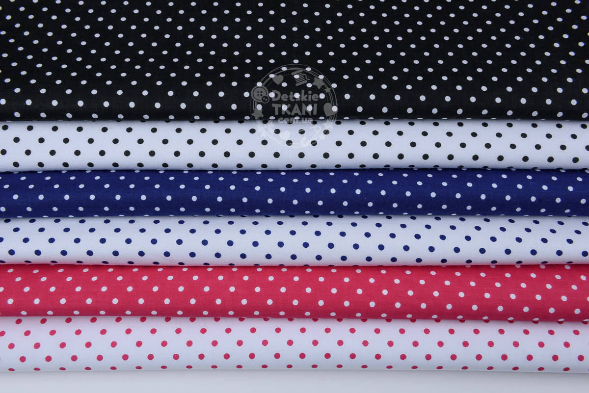 

Набор хлопковых тканей 40*40 из 6 штук с горошком 3 мм ( малинового, синего, чёрного и белого цвета)