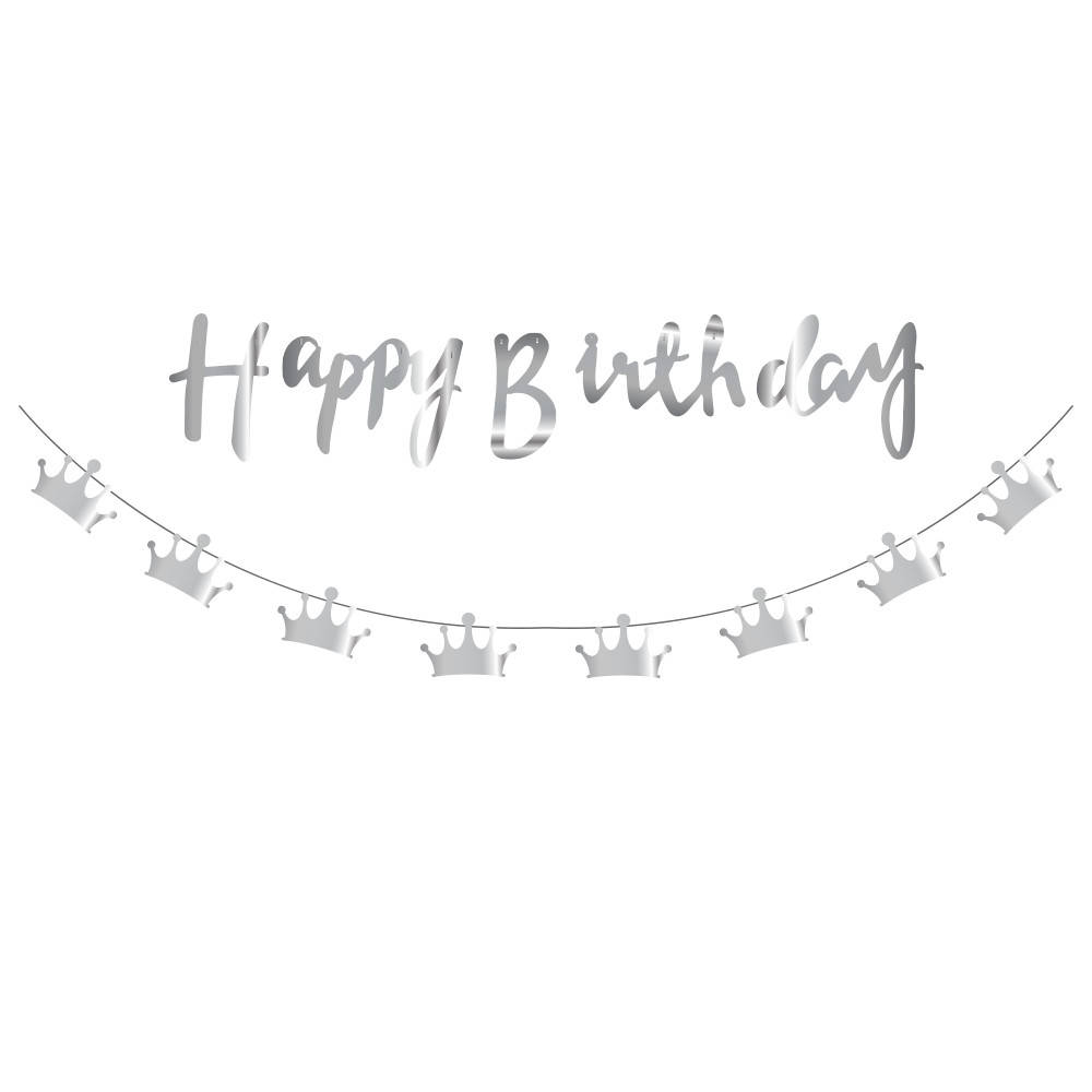 

Бумажная гирлянда Happy Birthday серебро прописью + Короны (для украшения помещений)