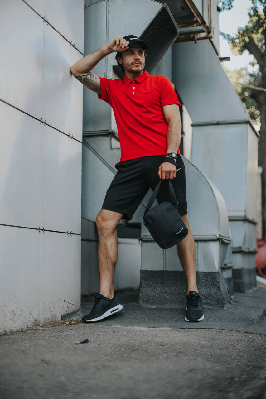 

Футболка поло + Шорты + Кепка + Подарок Nike черно-красный | Спортивный костюм мужской летний ЛЮКС качества