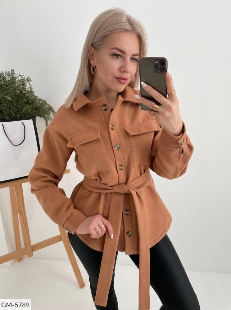 

Красивая теплая женская рубашка пальто из кашемира с поясом и карманами весна-осень размеры 42-48 арт 841