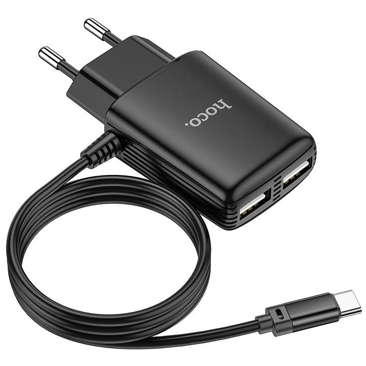 

Сетевое зарядное устройство для телефона со встроенным кабелем Type-C HOCO C82A |2USB, 2.4A| Черный