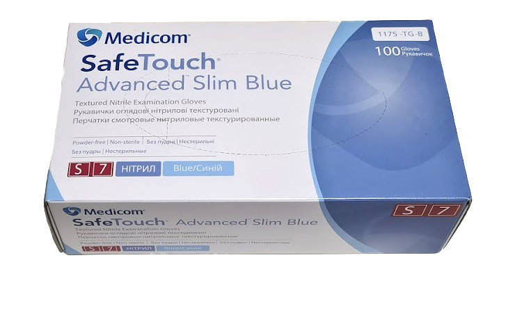 

Нитриловые перчатки SafeTouch® Advanced Slim Blue неопудренные S, M - Medicom, Голубой