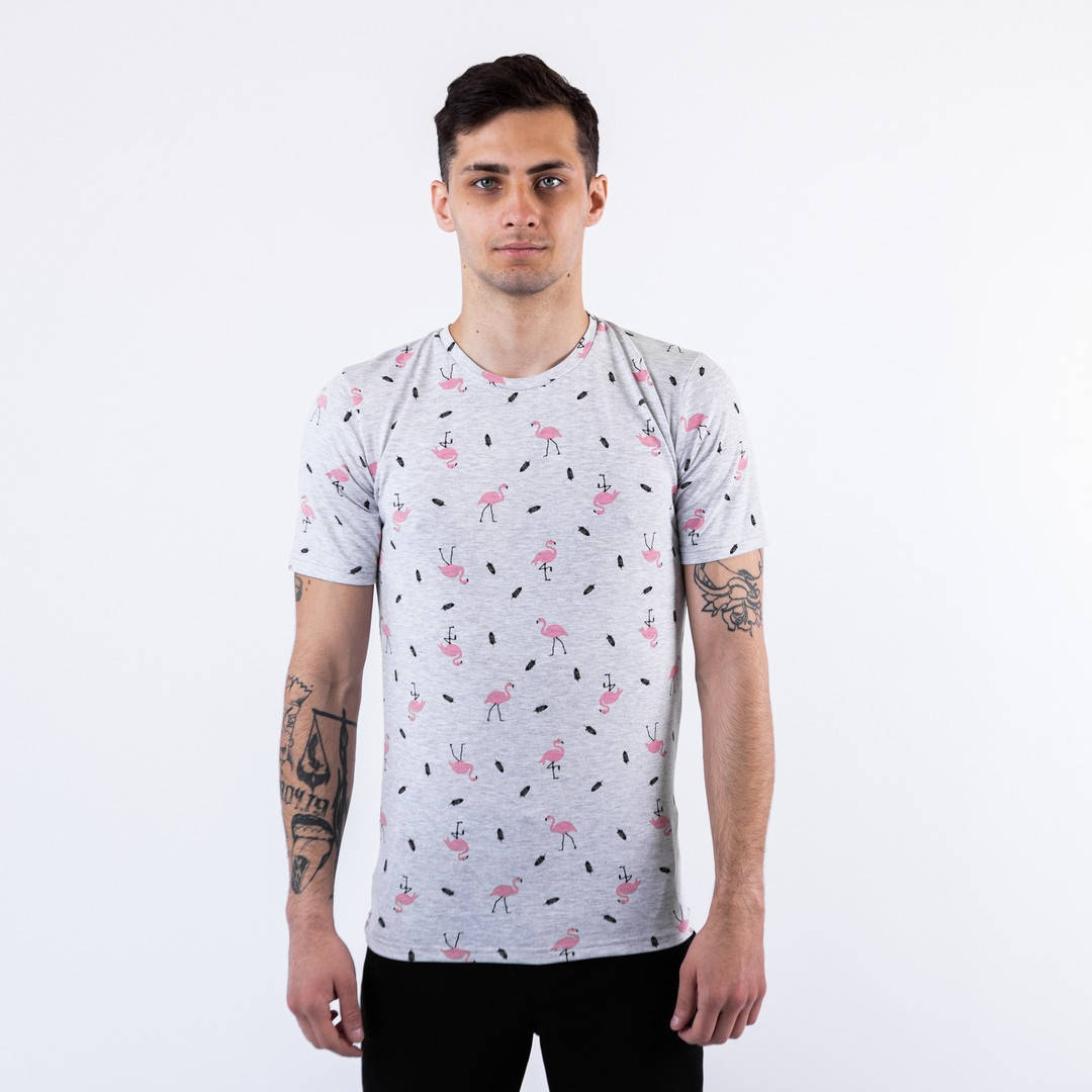 

Мужская футболка серая хлопок с принтом Фламинго Размеры: S, M, L, XL
