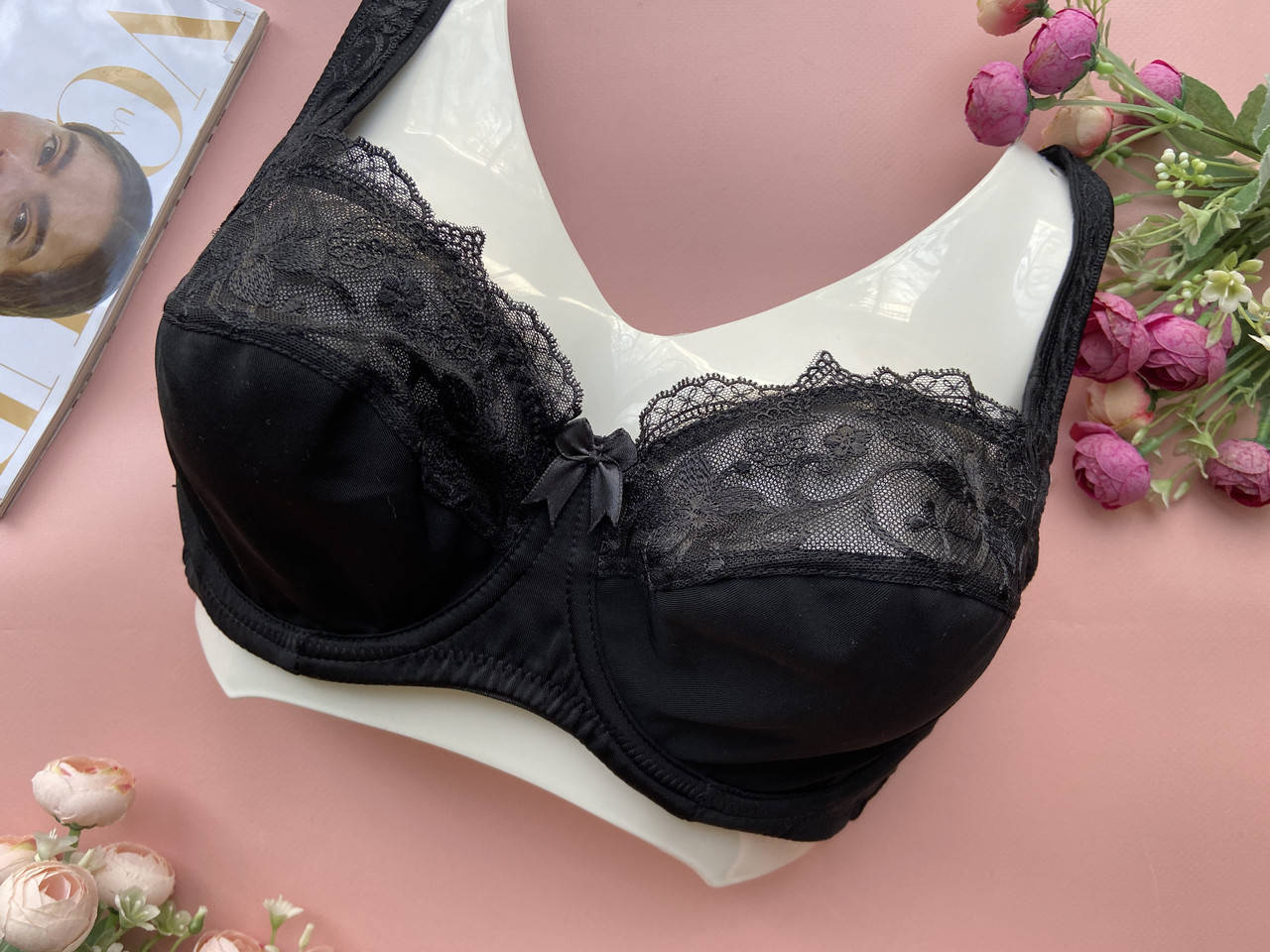 

80D, 85D, 90D, 95D Черный бюстгальтер для груди больших размеров с кружевом без поролона