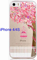Прозорий силіконовий чохол з деревом і пташкою в клітці для iphone 4/4S