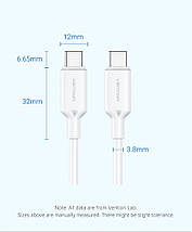 Кабель Type-C-Type-C Vention TPE PVC Round PD 60W 3A 480Mbps 1m White (TRCWF), фото 4