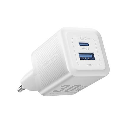 Адаптер мережевий 1 USB 1Type-C Vention (C+A) GaN III PD 30W QC 3.0 3 A White (FEQW0-EU), фото 1