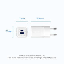 Адаптер мережевий 1 USB 1Type-C Vention (C+A) GaN III PD 30W QC 3.0 3 A White (FEQW0-EU), фото 3