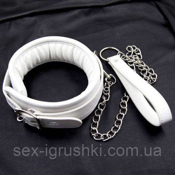 М'який білий бдсм нашийник з повідцем Premium Locking Collars, Білий