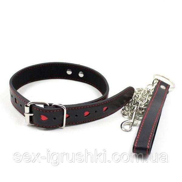 Шкіряний нашийник з повідцем Unisex, Черный
