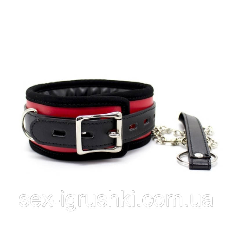 М'який чорно-червоний бдсм нашийник з повідцем Premium Locking Collars, Червоний