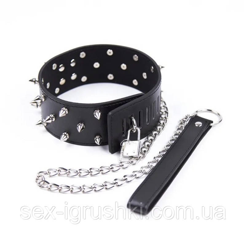 Нашийник з шипами та повідцем Bdsm Collar Black, Черный