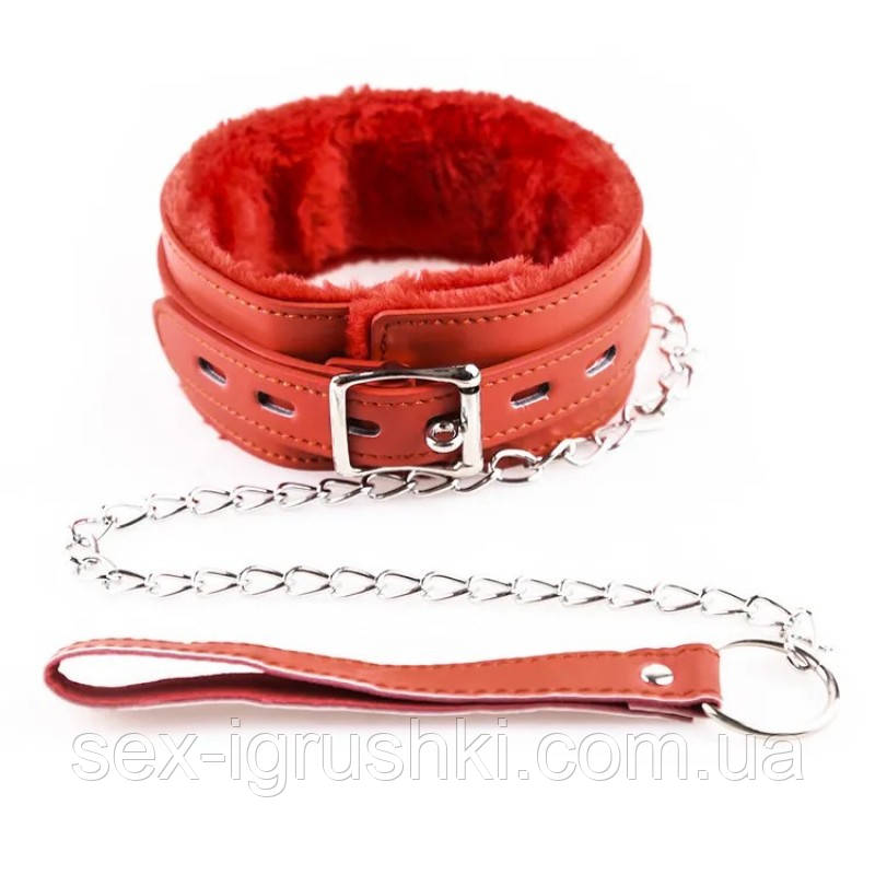 Червоний хутряний нашийник з повідцем Bdsm Fetish Collar Red, Червоний