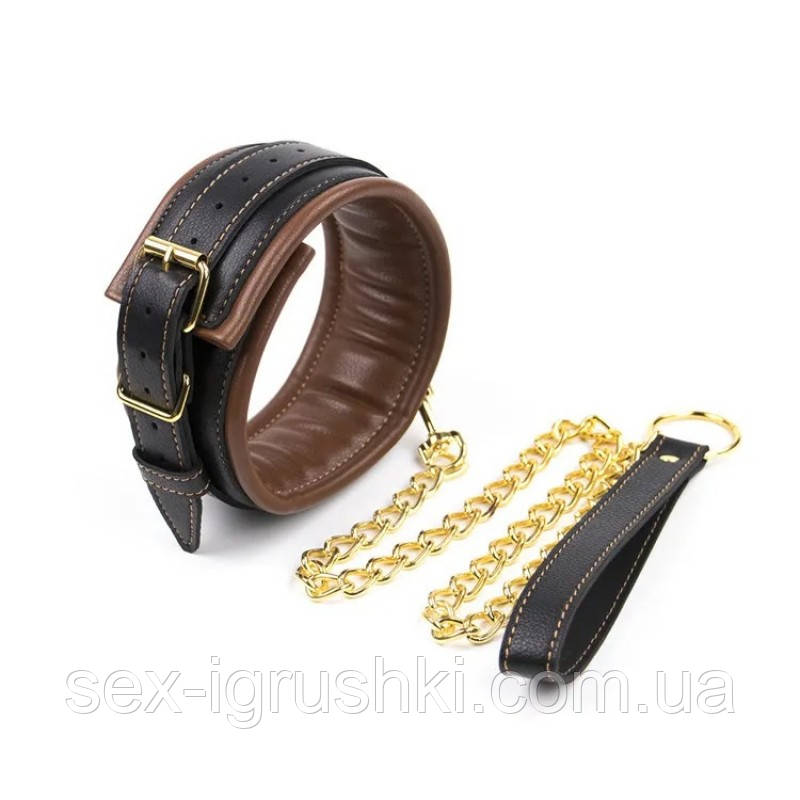 Коричневий нашийник із золотистим повідцем Leather Neck Collar With Chain Leash