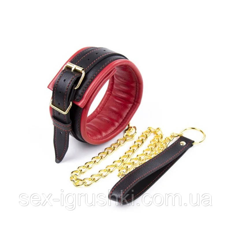 Червоний нашийник із золотистим повідцем Leather Neck Collar With Chain Leash
