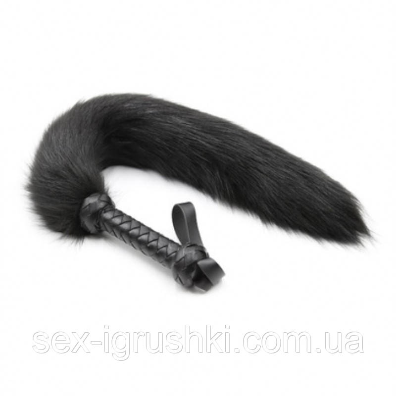 Чорний хутряний хвіст лисиці з рукояткою Fox Tail Whips, Черный