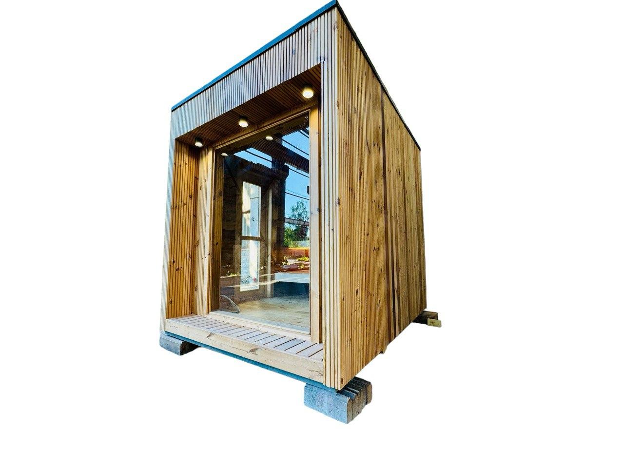 Mini Sauna 3,0х2,3м Gartensauna-37 в скандинавському стилі з панорамним вікном від Thermowood Production