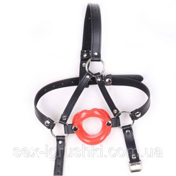Red Rubber Lip Shape Faux Leather Harness Open Mouth Gag, Рожевий