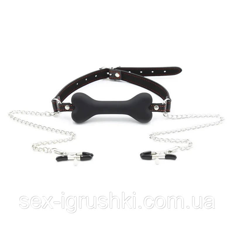Кляп із затискачами для сосків Nipple Clamps Bone Gag Black