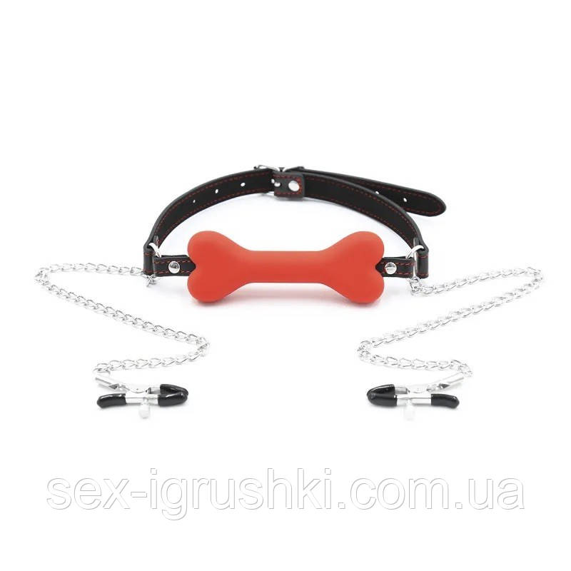 Кляп із затискачами для сосків Nipple Clamps Bone Gag Red