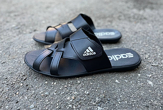 Шльопанці чоловічі Adidas чорні шкіряні Сланці Адідас капці тапочки літні