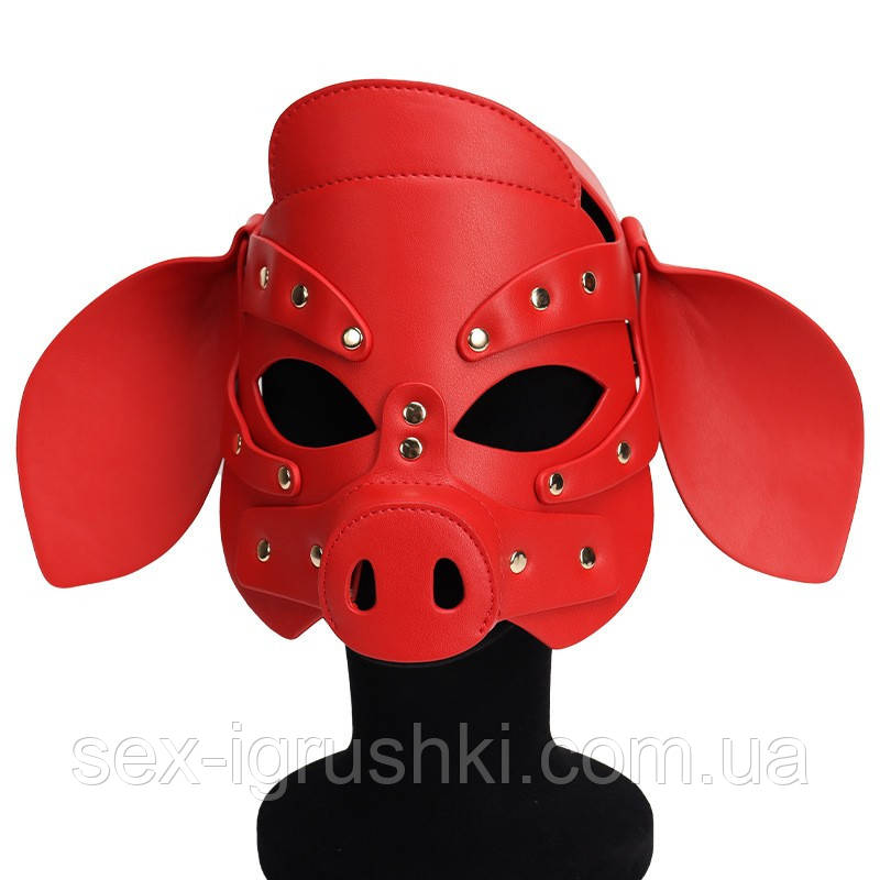 БДСМ маска голова свині Leather Pig Mask Red, Червоний