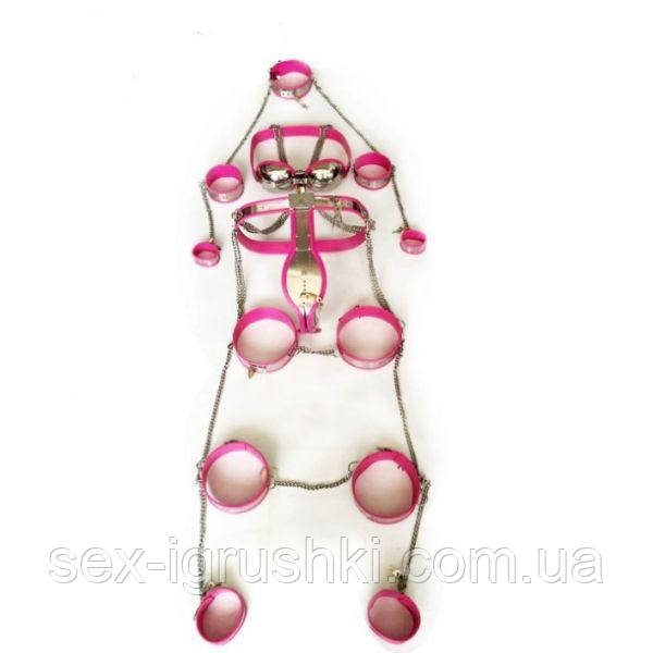 Female Fully Adjustable Model-T Stainless Steel Premium Chastity 8 Pcs Kit Black Pink, Рожевий