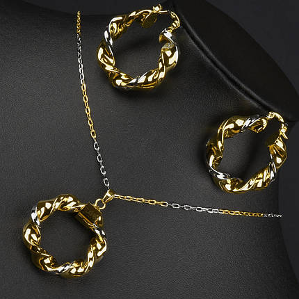 Набір кулон і сережки кручені в комбінованому кольорі на тонкому ланцюжку сережки диметр 35 мм довжина ланцюга 45 см, фото 1