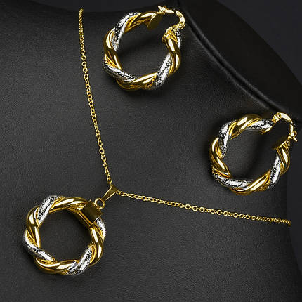 Набір кулон і сережки кручені комбінованого кольору на тонкому ланцюжку сережки диметр 35 мм довжина ланцюга 45 см, фото 1