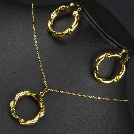 Набір кулон і сережки кручений метал золотистого кольору на тонкому ланцюжку сережки диметр 35 мм довжина ланцюга 45 см, фото 1