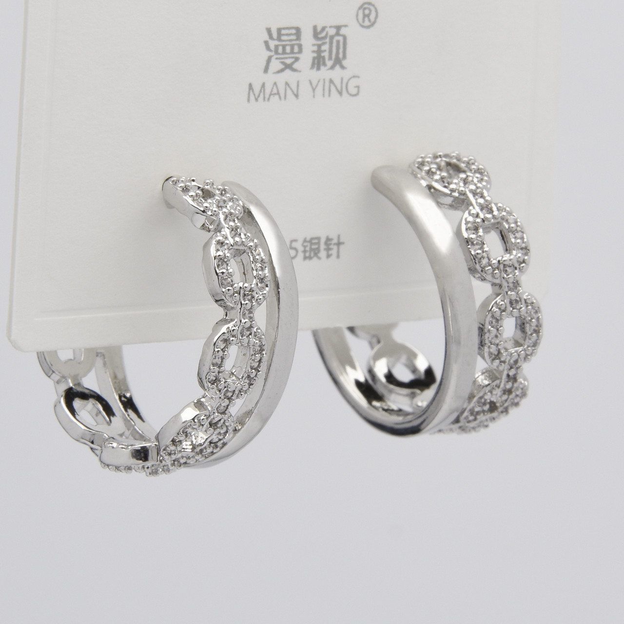 Сережки кільця гвоздиків сріблястого кольору неіржавка сталь 952S ланцюга з білими кристалами розмір 20х7 мм