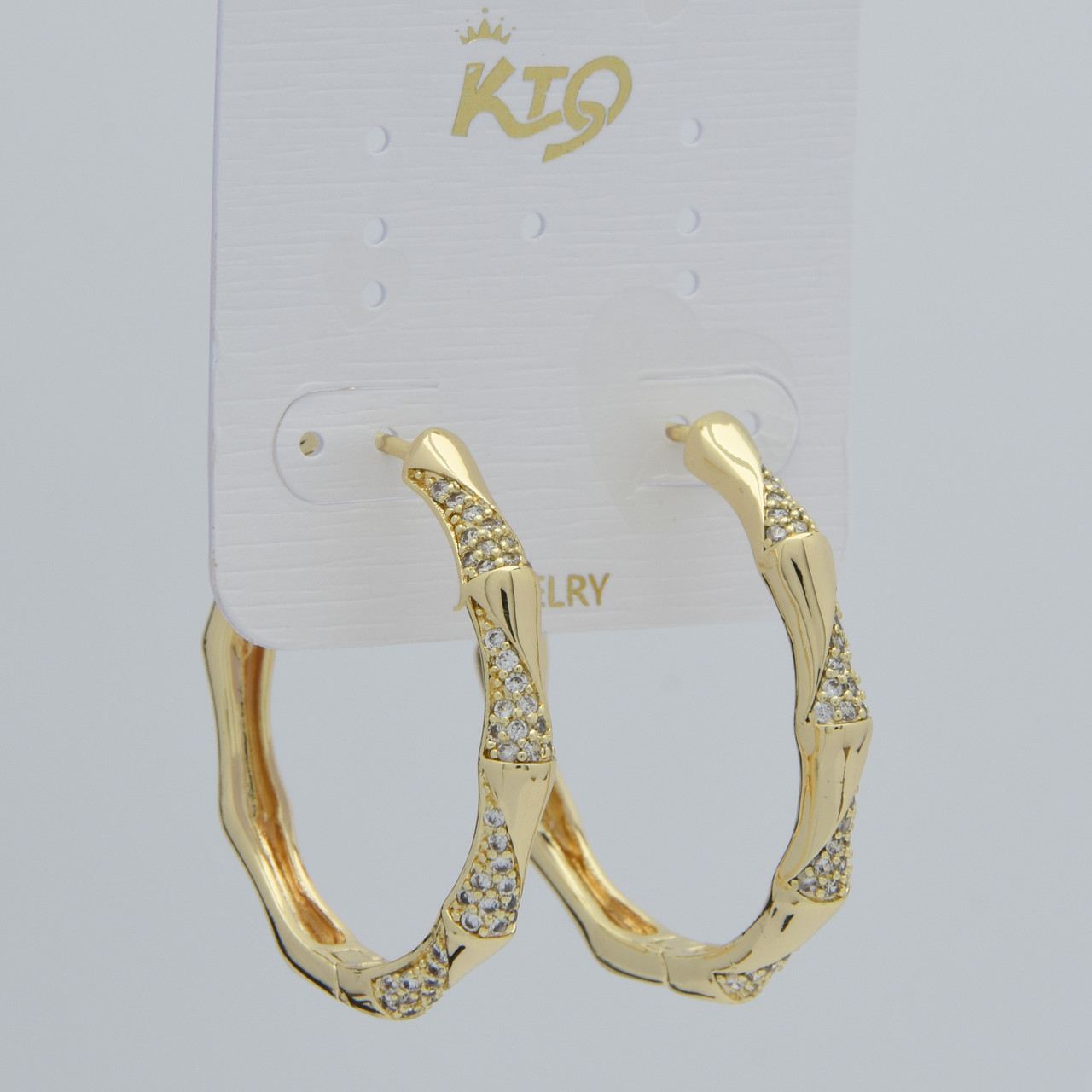 Сережки круглі кільця конго з білими кристалами золотистий лимонний відтінок Д 33 мм покриття 925 S