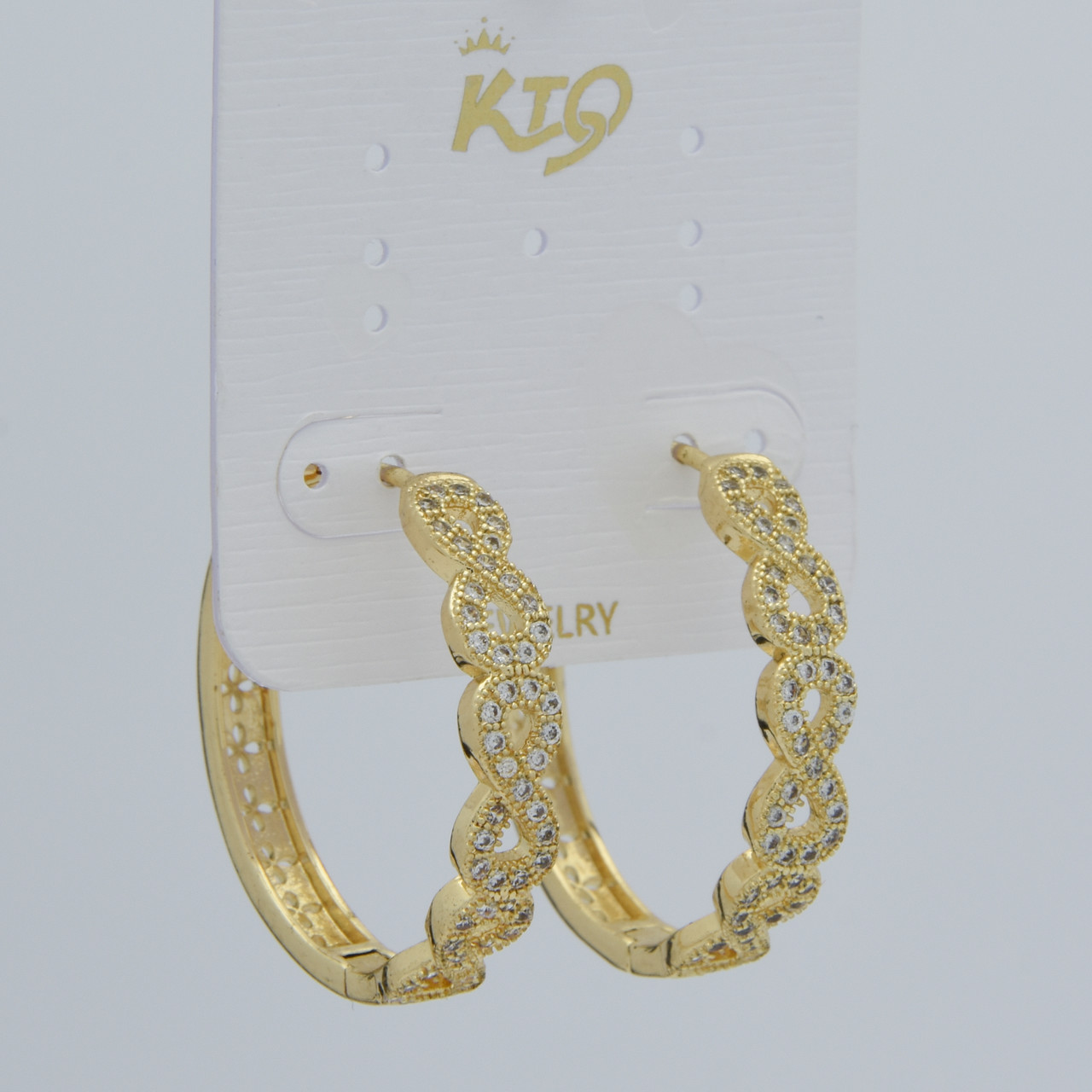 Сережки кільця конго з кристалами вісімки золотистий лимонний відтінок Д 30 мм ширина 5 мм покриття 925 S