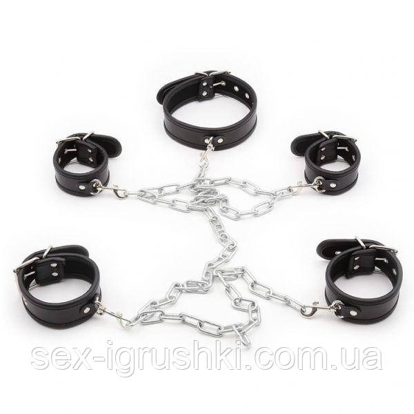 Leather Neck Hand-foot Linked Cuffs Black, Черный